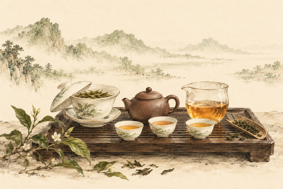 Chinese ink-style painting of gongfu tea vessels for the ChaWay workshop